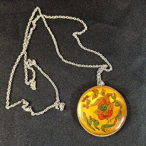 Vintage Hand Painted Russian Serpent Goddess Amber Necklace Pendant Art Jewelry